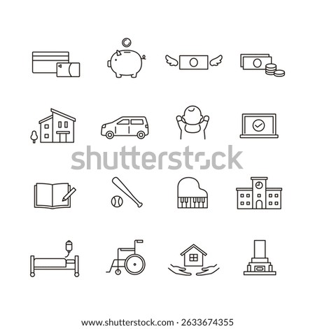 Life plan icon set. Money, parenting, retirement. black and white.
