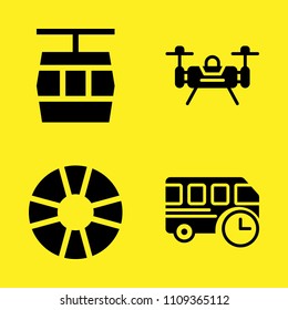 life preserver, cable car cabin, bus and drone vector icon set. Sample icons set for web and graphic design