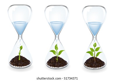 Life process of tree inside Glass clock, Isolated On White