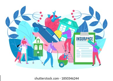 Life and property protection insurance care, people with house vector illustration. Safety concept for flat family home, business security policy. Protect health in large agent hand symbol.