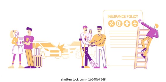 Life and Property Safety Guarantee. People Fill Accident Insurance Form. Agent Shake Hand to Client, Man and Woman Hold Policy Documents. Health Protection Cartoon Flat Vector Illustration, Line Art