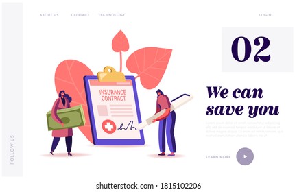Life Protection, Secure and Financial Guarantee Contract Landing Page Template. Tiny Female Characters with Money Signing Huge Health Insurance Policy Paper Document. Cartoon Vector Illustration