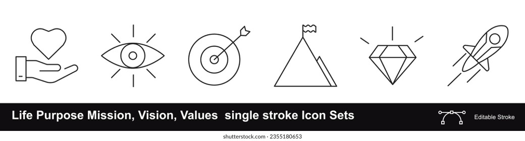 Life Purpose Mission, Vision, Values single stroke vector editable icons