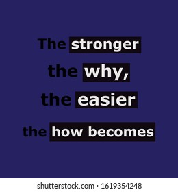 Life quote, The stronger the why, the easier the how becomes, with white and black text on blue background