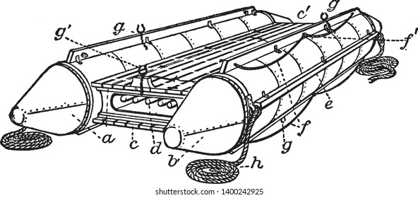 Life Raft is a boat used in emergency of a sinking ship, vintage line drawing or engraving illustration.
