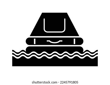 Life raft floating on the water. Simple illustration in black and white.