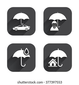 Life, Real estate or Home icons. Umbrella with water drop symbol. Car protection sign. Square flat buttons with long shadow.