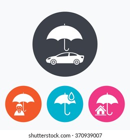 Life, Real estate or Home insurance icons. Umbrella with water drop symbol. Car protection sign. Circle flat buttons with icon.