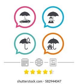Life, Real estate or Home insurance icons. Umbrella with water drop symbol. Car protection sign. Calendar, internet globe and report linear icons. Star vote ranking. Vector