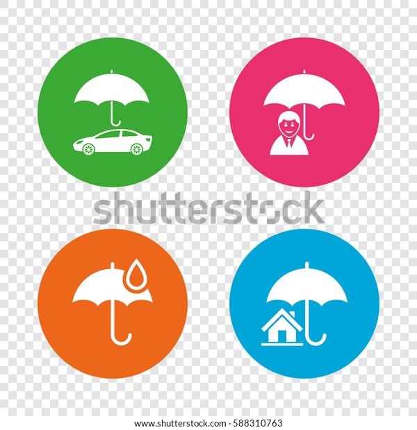 Life, Real estate or Home insurance
icons. Umbrella with water drop symbol. Car protection sign. Round
buttons on transparent background.
Vector