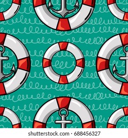  Life ring and anchor vector Illustration poster seamless pattern