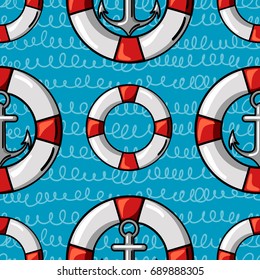  Life ring and anchor vector Illustration poster seamless pattern