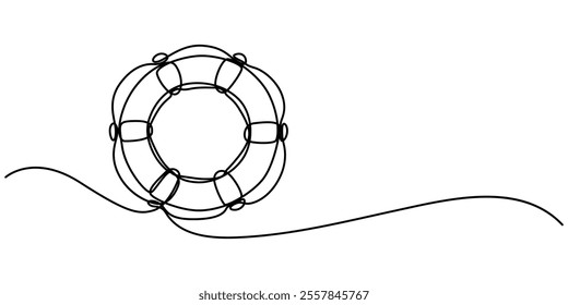 Life Ring, Buoy Continuous Line Drawing with Editable Stroke and Color Elements, Single continuous line drawing lifebuoys, rescue belts, inflatable rubber ring with rope for help and safety of life. 