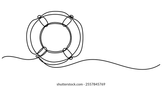 Life Ring, Buoy Continuous Line Drawing with Editable Stroke and Color Elements, Single continuous line drawing lifebuoys, rescue belts, inflatable rubber ring with rope for help and safety of life. 