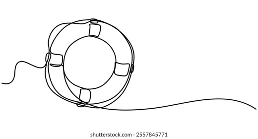 Life Ring, Buoy Continuous Line Drawing with Editable Stroke and Color Elements, Single continuous line drawing lifebuoys, rescue belts, inflatable rubber ring with rope for help and safety of life. 