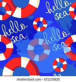 Life ring on sea waves - vector seamless pattern