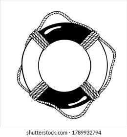 Life ring with sea boat rope, hand drawn isolated vector illustration in black and white