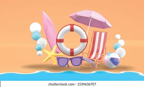 Life ring is surrounded by beach chairs, balls, sunglasses, umbrellas, starfish and surf boards on the beach.
