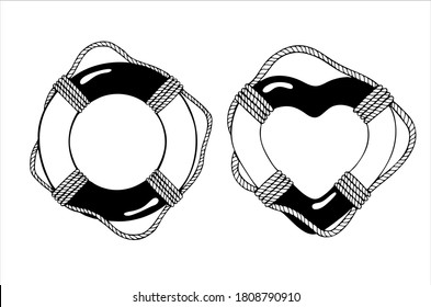 Life rings with sea boat rope and its romantic version, hand drawn isolated vector illustration in black and white