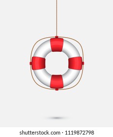 Life saver ring hanging with a rope. SOS symbol. Vector illustration of a lifebuoy. Lifebelt