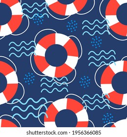 Life Saver Ring Seamless Pattern On Blue Background, Safety Equipment 