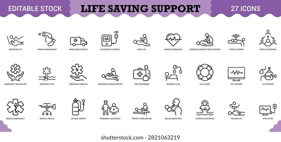Life saving support vector line icons emergency medical assistance healthcare advanced basic life cardiac emergency.