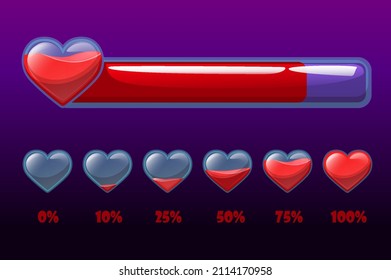 Life scale in percent, health bar with hearts for game.