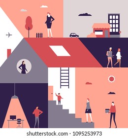 Life Scenes - Flat Design Style Illustration. Cute Characters At Home, At Work, Teenagers Walking On The Street, Day And Night. A Composition With Rooms, Buildings, Car, Tree, Plane, Stairs