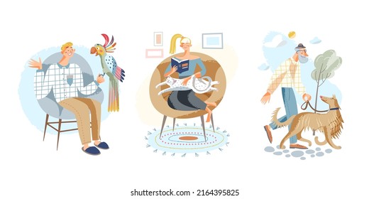 Life scenes of happy pet owners and animals set vector illustration. Cartoon girl reading book sitting in chair with cat at home, old man walking dog, guy holding parrot on arm isolated on white