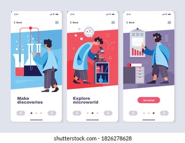 Life science chemical laboratory staff explores micro world analyzing results 3 vertical smartphone screens banners vector illustration 