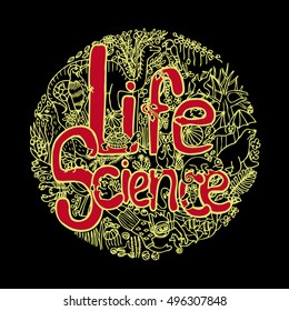 Life science. Doodles vector illustration. Black background.