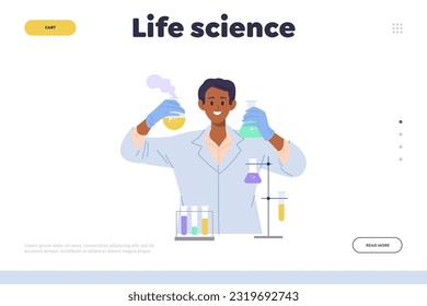 Life science landing page design template with happy young researcher holding chemical flask