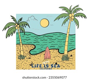 Life Is Sea  Hand Draw graphic print design for apparel and others. Palm tree  For t-shirt prints, posters, and other uses.