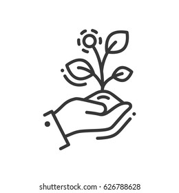 Life in seed - modern vector single line icon. A hand holding a growing plant that represent new life, striving and aspiring for the better future