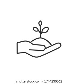 Life in seed vector line illustration. Hand holding a growing plant isolated on white.