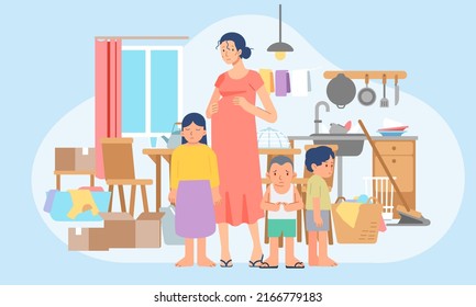 Life Of A Shabby Mother Poor Family With Many Children In A Messy, Unhealthy, Worrying, And Sad Room. Flat Illustration Vector