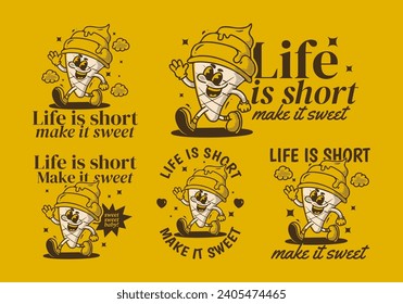 Life is short, make it sweet. Vintage mascot character illustration of walking ice cream