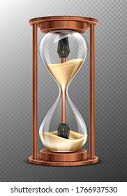 Life is short, RiP concept, hourglass with coffins inside and pouring sand. Glass clock in wooden frame, realistic 3d vector timer with flowing grains and caskets isolated on transparent background