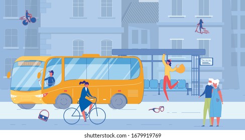 Life Situation at Urban Public Bus Stop. Young Woman Late for Transport Run for Departing Vehicle. Old Mature Couple Walking, Businesswoman Riding Bike on City Street. Vector Illustration