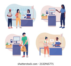 Life situations 2D vector isolated illustrations set. Upset and angry people flat characters on cartoon background. Grocery shopping colourful scenes for mobile, website, presentation collection