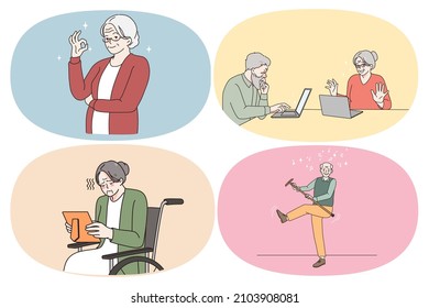 Life situations of pensioners concept. Set of mature people grandparents showing ok sign playing with stick learning online chat and laptop and feeling lonely looking at photo vector illustration