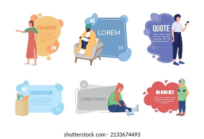 Life situations quote textbox with flat characters set. Winter dangers. Cold weather and injuries. Speech bubbles with creative cartoon illustration. Color quotation isolated on white background.