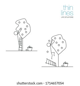 Life situations in thin lines. Man picks apples. Funny little men.  Black and white.