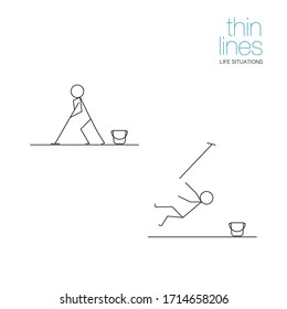 Life situations in thin lines. Man washes the floor. Funny little men. Black and white.