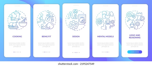 Life skills blue gradient onboarding mobile app screen. Abilities and talents walkthrough 5 steps graphic instructions with linear concepts. UI, UX, GUI template. Myriad Pro-Bold, Regular fonts used