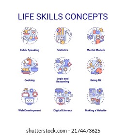 Life skills concept icons set. Learning psychosocial competencies idea thin line color illustrations. Personal development. Isolated symbols. Editable stroke. Roboto-Medium, Myriad Pro-Bold fonts used