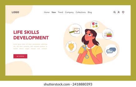 Life skills development concept. Young girl with key tool, willing to work on communication, problem-solving, learning and creativity skills improvement. Pursuit of knowledge. Flat vector illustration