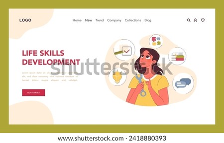 Life skills development concept. Young girl with key tool, willing to work on communication, problem-solving, learning and creativity skills improvement. Pursuit of knowledge. Flat vector illustration