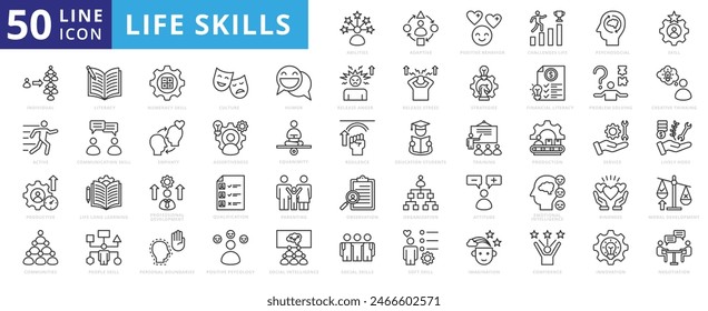 Life Skills icon set with adaptive, positive behavior, challenges life, psychosocial, individual, active and productive.