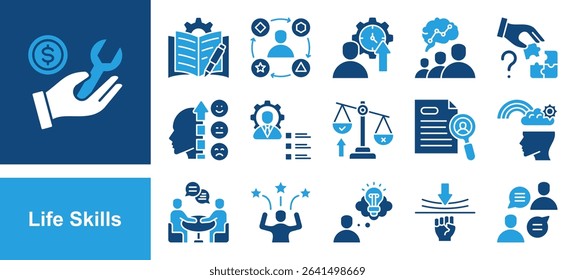 Life Skills icon set with Communication, Problem solving, Emotional intelligence, Soft skills, Resilience, Creative thinking, Confidence.